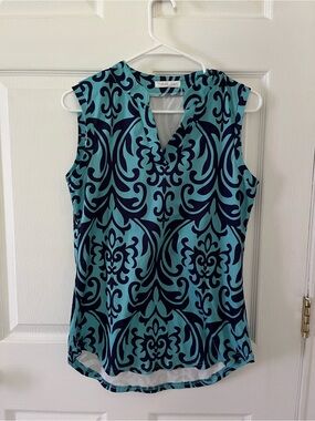 Halife Sleeveless Blue Patterned Blouse
